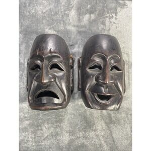 Vintage Mid Century Wood Masks Comedy Tragedy 2 Piece Asian Hand Carved Wall Art